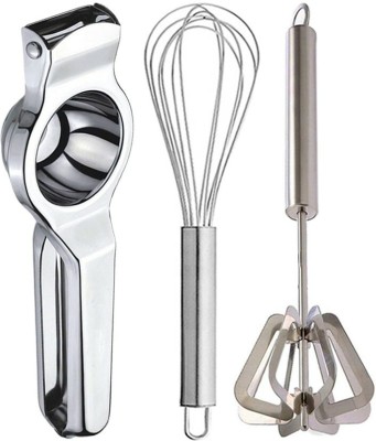 JISUN Stainless Steel Lemon Squeezer & Steel Whisk & Mathani Kitchen Tool Set(Silver, Juicer, Whisk, Blender)