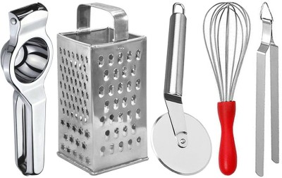 JISUN Stainless Steel Lemon Squeezer & Grater & Pizza Cutter & Egg Whisk & Roti Chimta Kitchen Tool Set(Silver, Juicer, Grater, Cutter, Whisk, Tong)