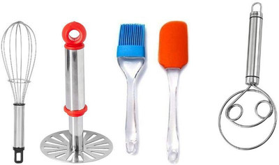 OMORTEX Kitchen Combo Of Whisk,Stainless steel Masher AataMaker & SpatulaBrush(Set Of 5) Kitchen Tool Set(Multicolor)