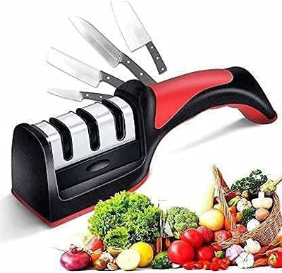 BIZOLO 3 Stages Knife Sharpener Ceramic, Diamond and Steel Scissor and Blade Sharpening Knife Sharpening Steel(Anodized Alloy)