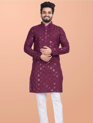 kingenterprise Men Self Design Straight Kurta(Purple)