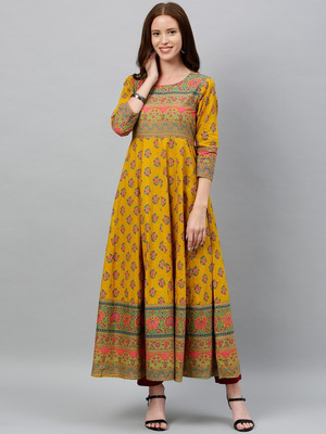 kipek Women Printed Anarkali Kurta(Yellow)