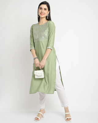 Rajnandini Women Embellished Straight Kurta(Light Green)