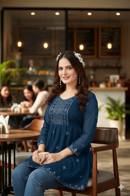 Amber Creation Women Embroidered Flared Kurta(Blue)