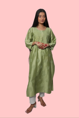 Shah Chikan Women Embroidered Straight Kurta(Green)