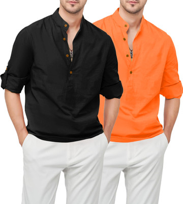 Paasbaan Men Solid Straight Kurta(Black, Orange)