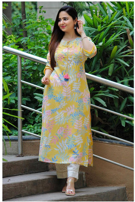 Sa Rasa Women Floral Print Straight Kurta(Yellow)