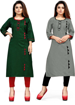 AAI MOGAL Women Solid Straight Kurta(Green, Grey)
