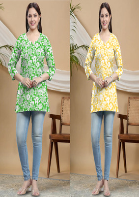 P17 Women Floral Print A-line Kurta(Green, Yellow)