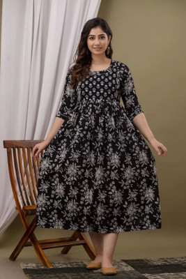 simran Women Block Print Anarkali Kurta(Black)