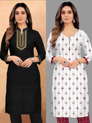 TAfashionstore Women Self Design Straight Kurta(Black, White)
