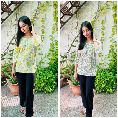 Wearaholic Women Printed Straight Kurta(Yellow, Beige)