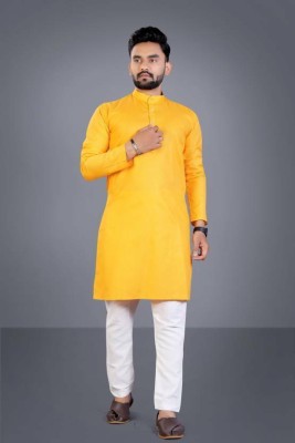 LYPLO Men Solid Straight Kurta(Yellow)