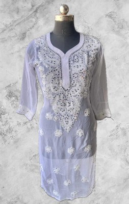 RAMSHA CHIKAN Women Embroidered A-line Kurta(White)