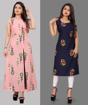 tanvi creation Women Printed Straight Kurta(Pink, Dark Blue)