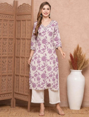 SIMKA Women Floral Print Straight Kurta(Purple)