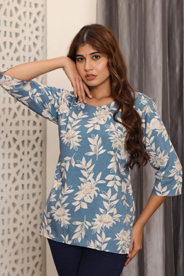 Anmi Floral Print Women Straight Kurta(White, Blue)