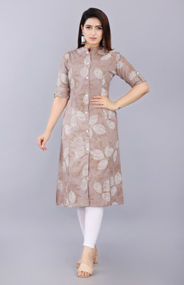 PRADHRUHE Women Abstract Frontslit Kurta(Brown)