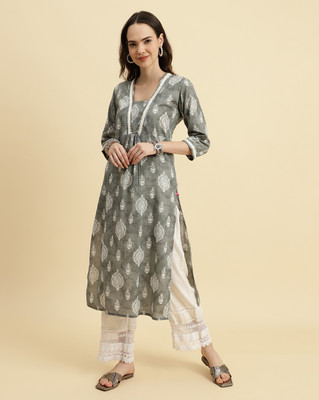 Aadvika Women Printed Straight Kurta(Grey)