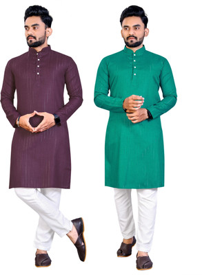 Krudha Men Woven Design Straight Kurta(Purple, Green)
