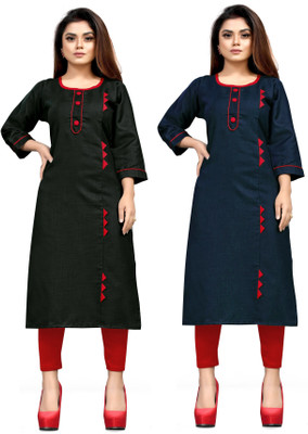 AAI MOGAL Women Printed Straight Kurta(Black, Blue)