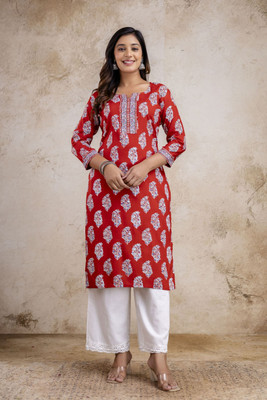 Zaneta Women Printed, Floral Print Straight Kurta(Maroon)
