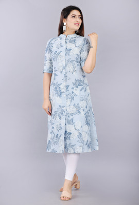 PRADHRUHE Women Abstract Frontslit Kurta(Blue)