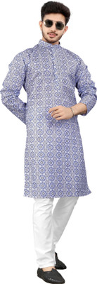 DHASU TRENDZ Men Printed Straight Kurta(Blue, Multicolor)