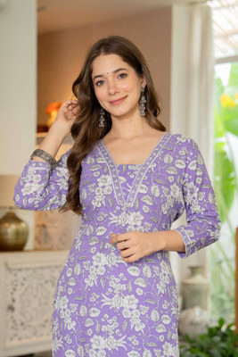 Lakasadapapel Women Printed Straight Kurta(Grey)