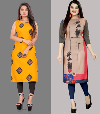 tanvi creation Women Printed Straight Kurta(Beige, Yellow)
