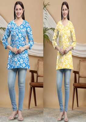 P17 Women Floral Print A-line Kurta(Blue, Yellow)