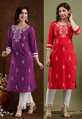 Women Chikan Embroidery Kurta(Multicolor)