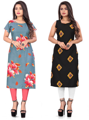 tanvi creation Women Printed Straight Kurta(Grey, Black)
