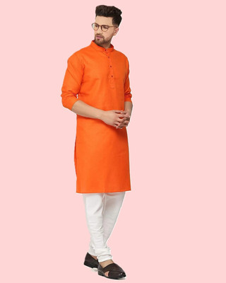 krishu Men Solid Straight Kurta(Orange)