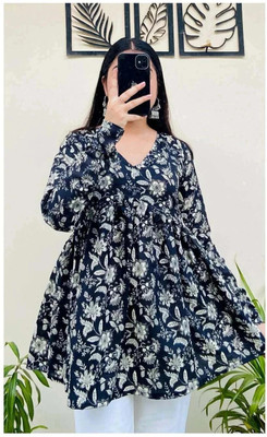 New RJP Craft Women Floral Print Flared Kurta(Blue)