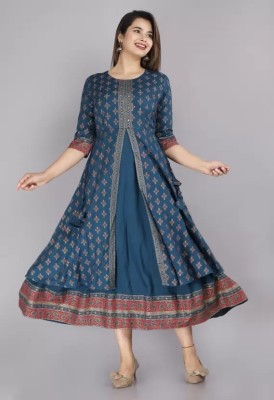 MF HAYAT Women Printed Gown Kurta(Blue)