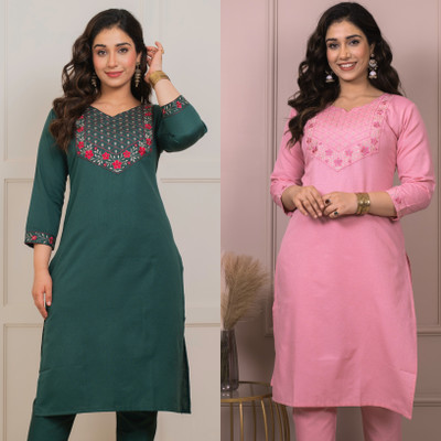 AUZAAI COLLECTION Women Embroidered Straight Kurta(Green, Pink)