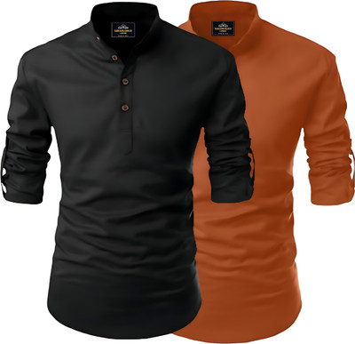 LIMRO Men Solid Straight Kurta(Black, Brown)
