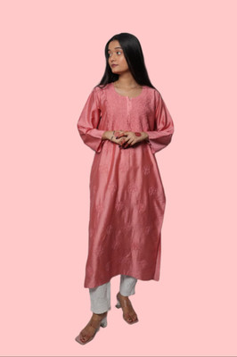 Shah Chikan Women Embroidered Straight Kurta(Pink)