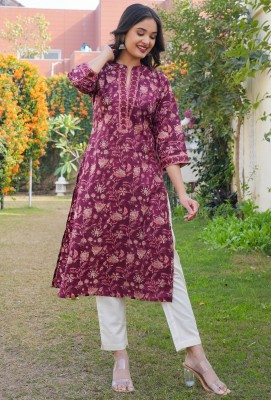 VBUYZ Women Floral Print Straight Kurta(Purple)