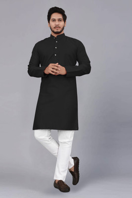 krishu Men Solid Straight Kurta(Black)
