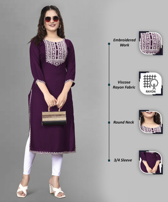 RANGRAIL Women Embroidered A-line Kurta(Purple)