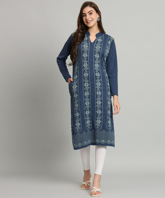 HERMISTON Women Self Design Straight Kurta(Blue)