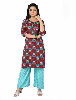 UB WOLF Women Printed Ethnic Dress Kurta(Blue, Maroon)