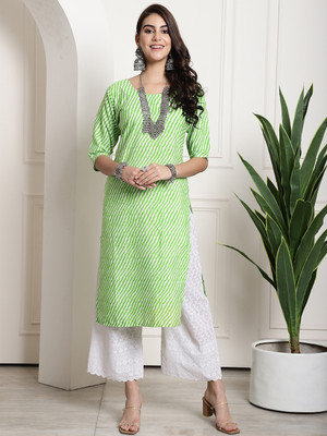 EthnicBasket Women Printed Straight Kurta(Light Green, White)