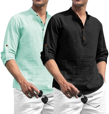 LENIA Men Solid Straight Kurta(Black, Light Green)