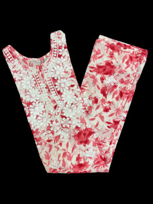 Shah Chikan Women Printed, Chikan Embroidery Straight Kurta(Pink)