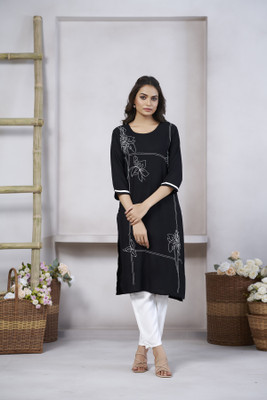 PDFCREATION Women Floral Print Flared Kurta(Black)