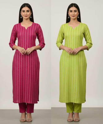 ME AND FOX Women Striped Kurta(Pink, Green)