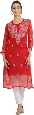 FAWOMENT Women Chikan Embroidery Straight Kurta(Red)